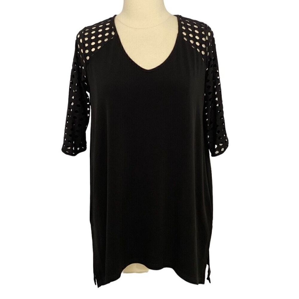 Clara Sun Woo Black Jersey Knit Tunic Top 3/4 Laser Cut Sleeve V-neck Size XS